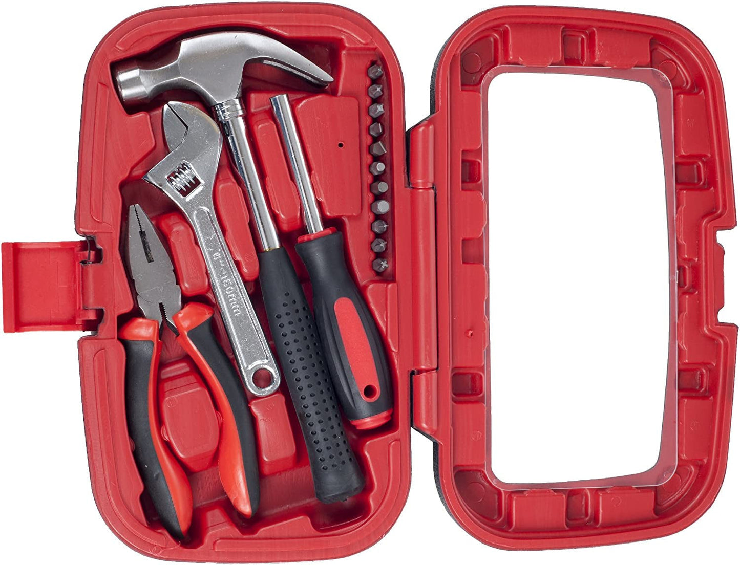 Home Improvement Tool Kit - 15-Piece Household Hand Tools Essentials Set in Durable Plastic Carrying Case for Home, Office, and Car by Stalwart (Red)