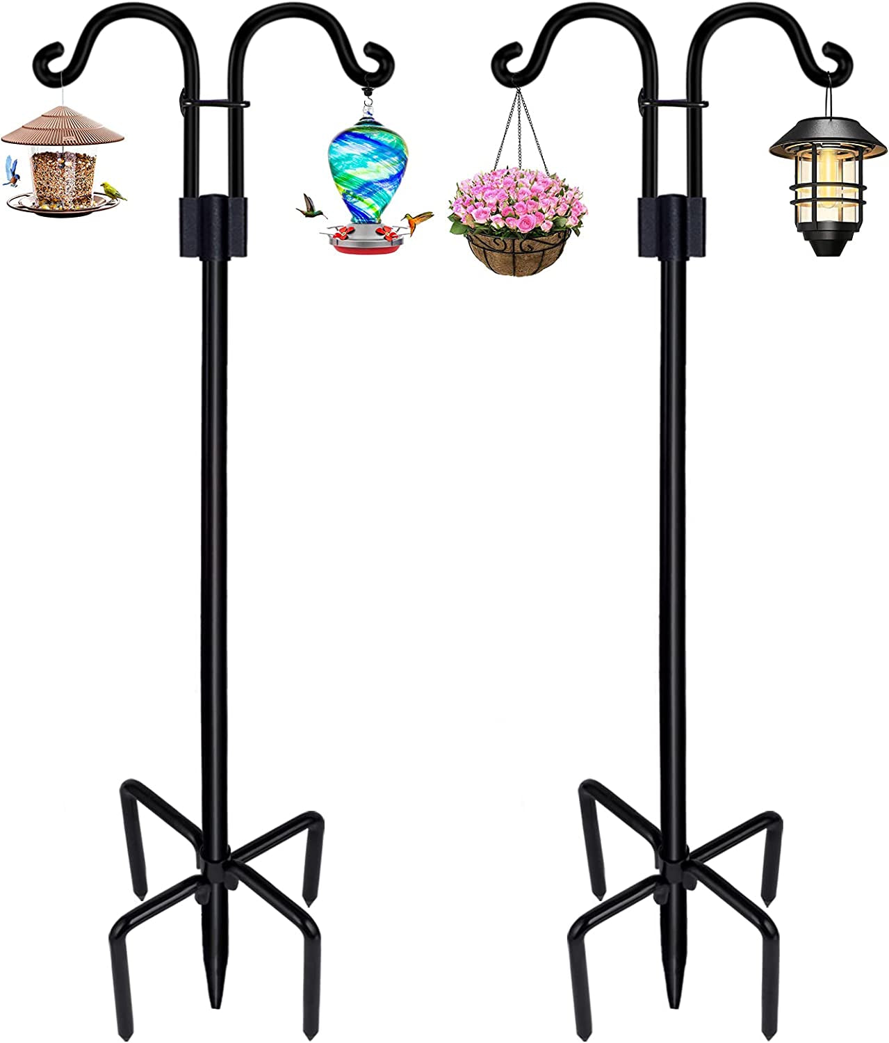 Double Shepherds Hooks for Outdoor, 2 Pack 60 Inch Bird Feeder Pole with 5 Prongs Base, Heavy Duty Garden Hook for Hanging Plant, Lantern, Hummingbird Feeder