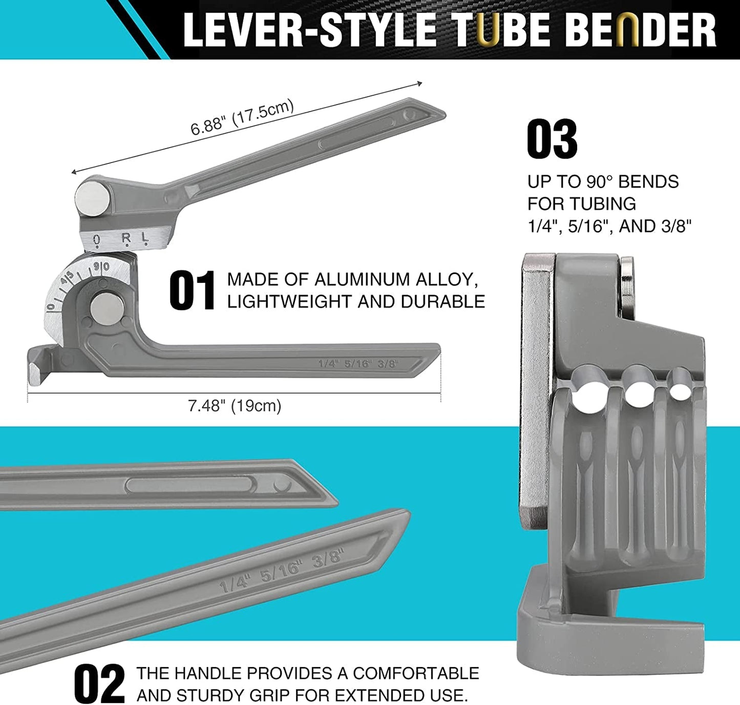 DURATECH Tube Bender, Pipe Bender, 3-IN-1, 1/4", 5/16", 3/8", for Copper, Brass, Aluminum and Thin Steel Pipes
