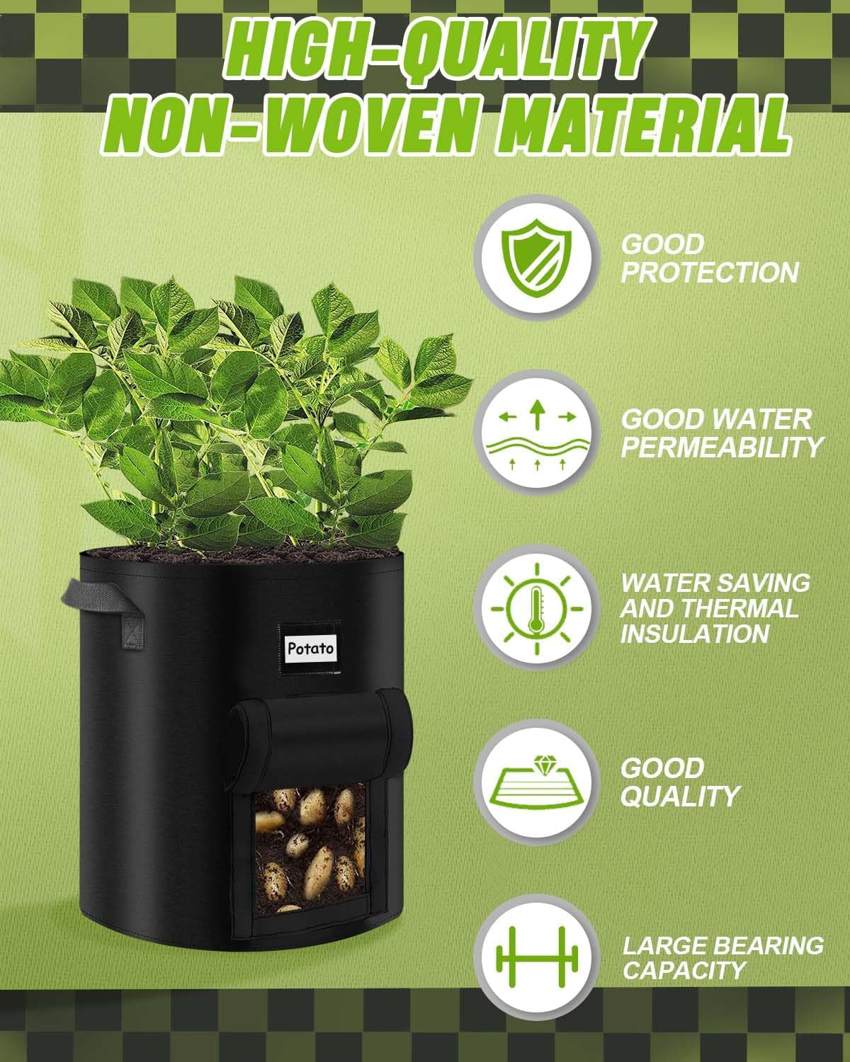 5 Pack 10 Gallon Plant Grow Bags, Thickened Non-Woven Fabric Aeration Plant Growing Pots with Handles & Harvest Window, Breathable Felt Garden Grow Bags for Potato Tomato Vegetable Flower