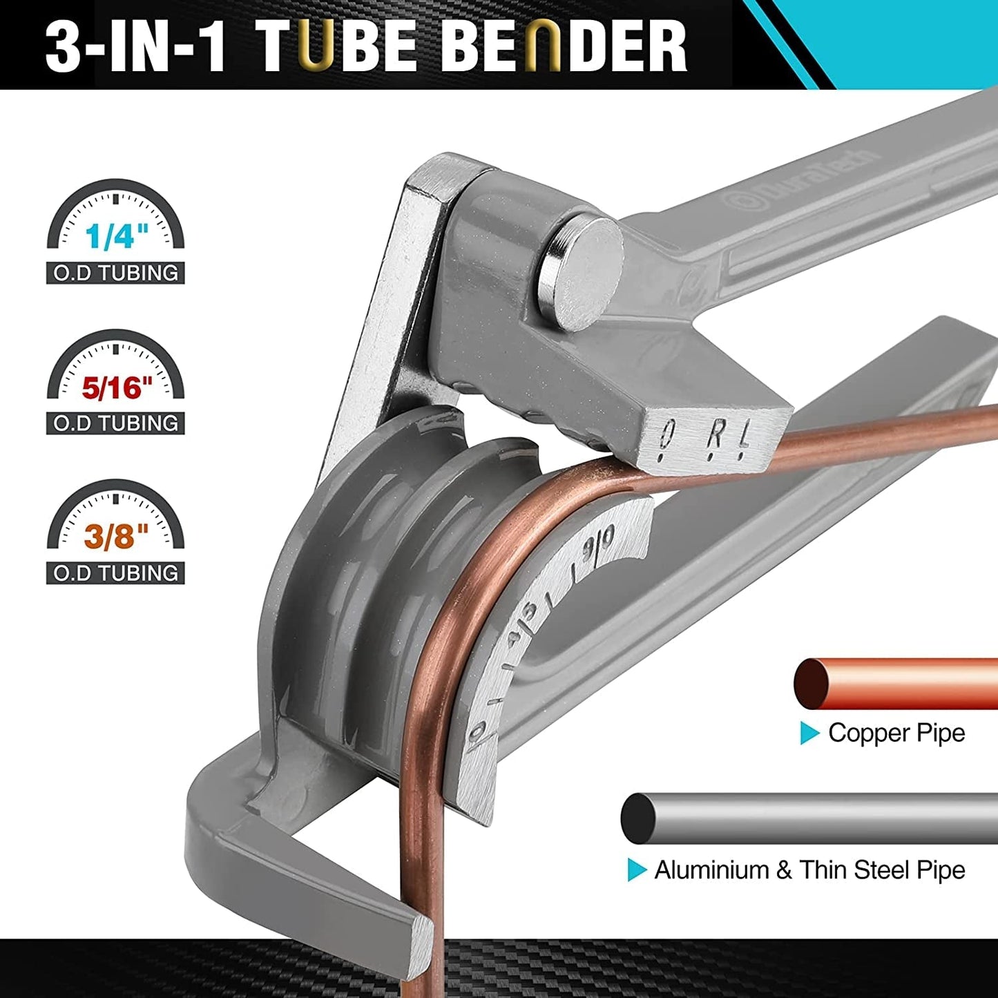 DURATECH Tube Bender, Pipe Bender, 3-IN-1, 1/4", 5/16", 3/8", for Copper, Brass, Aluminum and Thin Steel Pipes