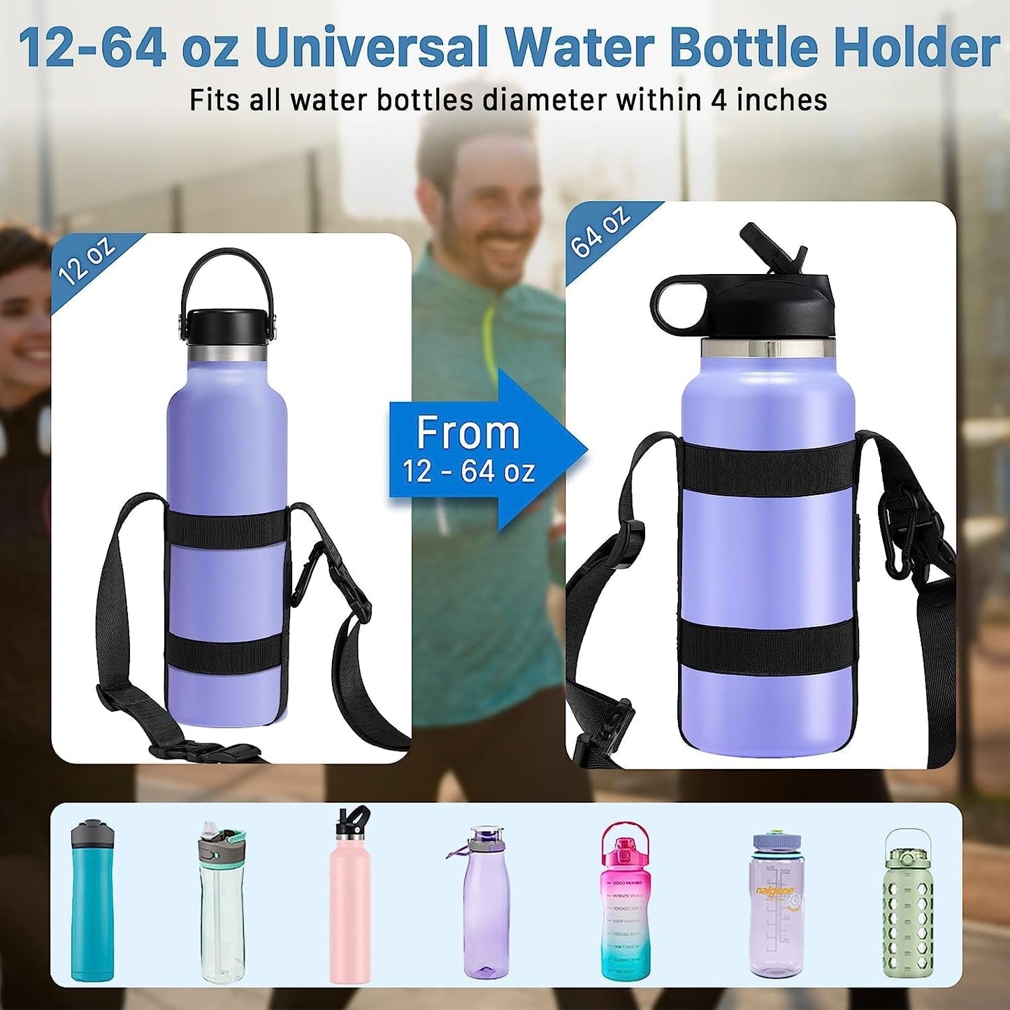 Carrier Strap, for 12/25/32/40/64 Oz Universal/Hydro Flask Water Bottles, Adjustable Shoulder Strap & Carabiner, for Walking Hiking Gym (Bottle Excluded)