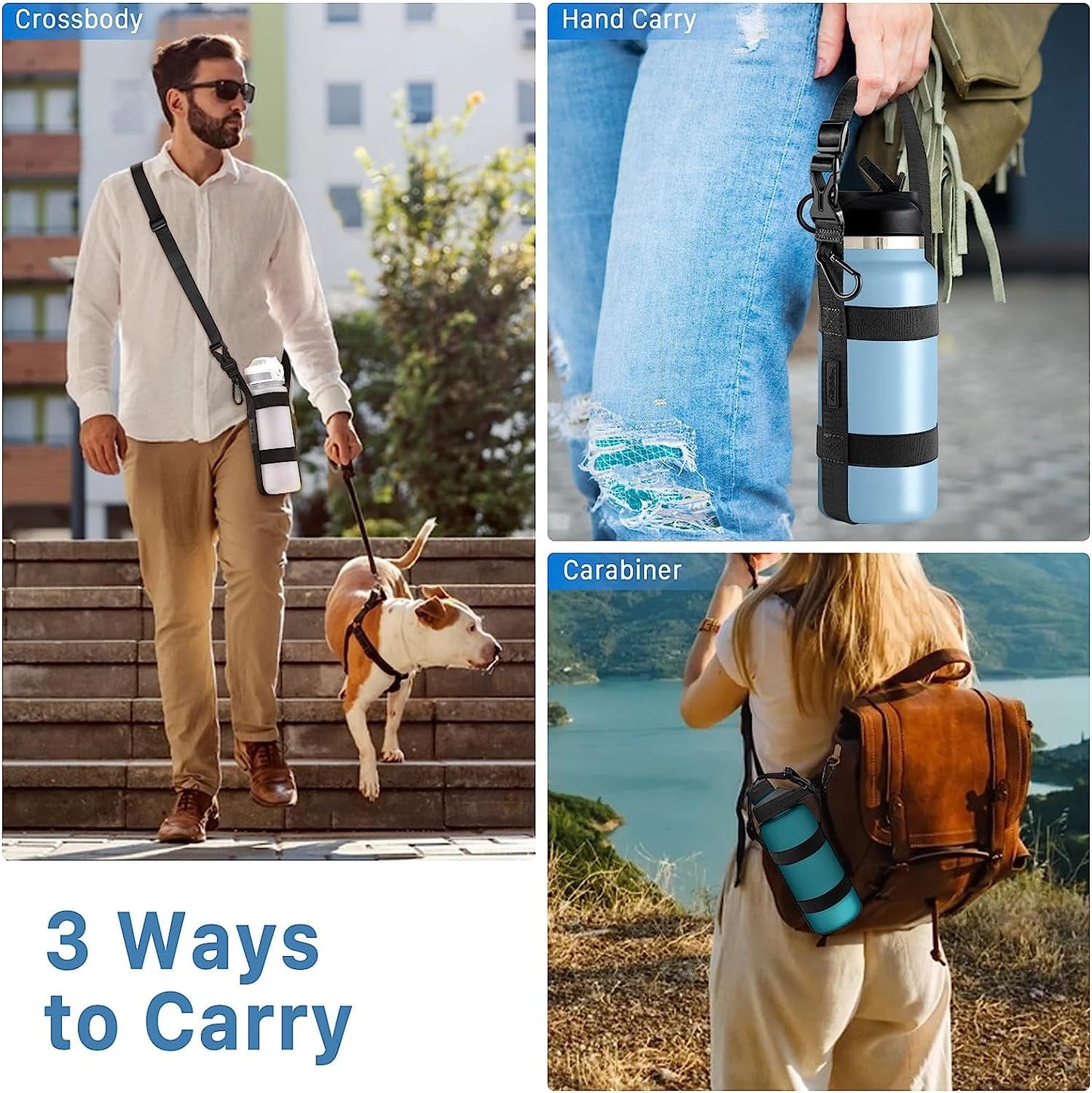 Carrier Strap, for 12/25/32/40/64 Oz Universal/Hydro Flask Water Bottles, Adjustable Shoulder Strap & Carabiner, for Walking Hiking Gym (Bottle Excluded)