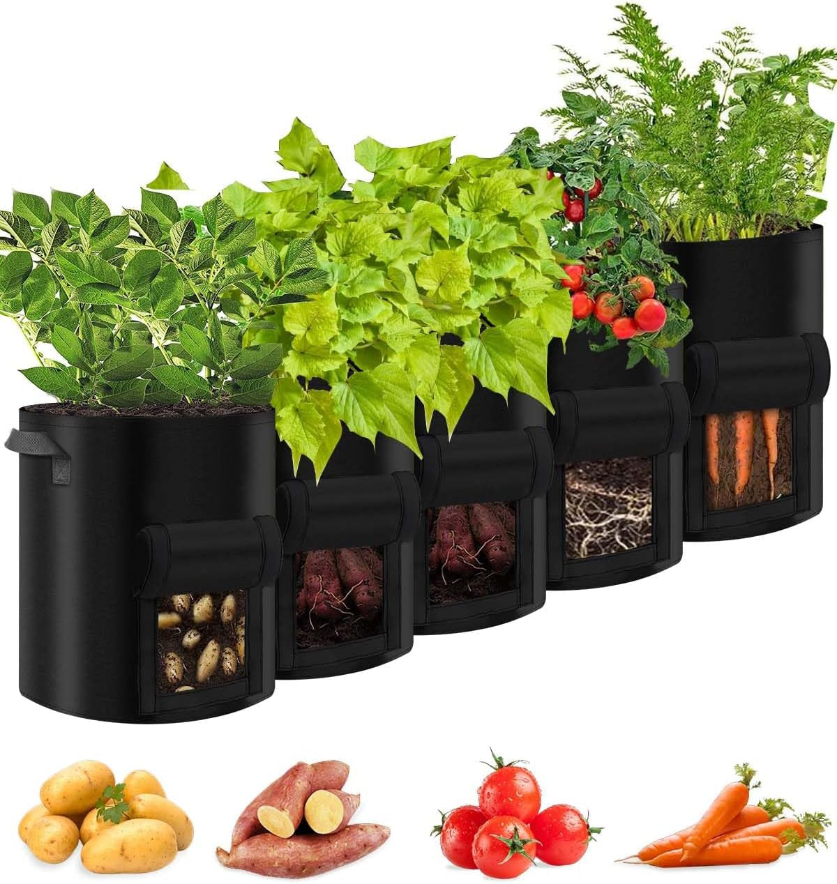 5 Pack 10 Gallon Plant Grow Bags, Thickened Non-Woven Fabric Aeration Plant Growing Pots with Handles & Harvest Window, Breathable Felt Garden Grow Bags for Potato Tomato Vegetable Flower