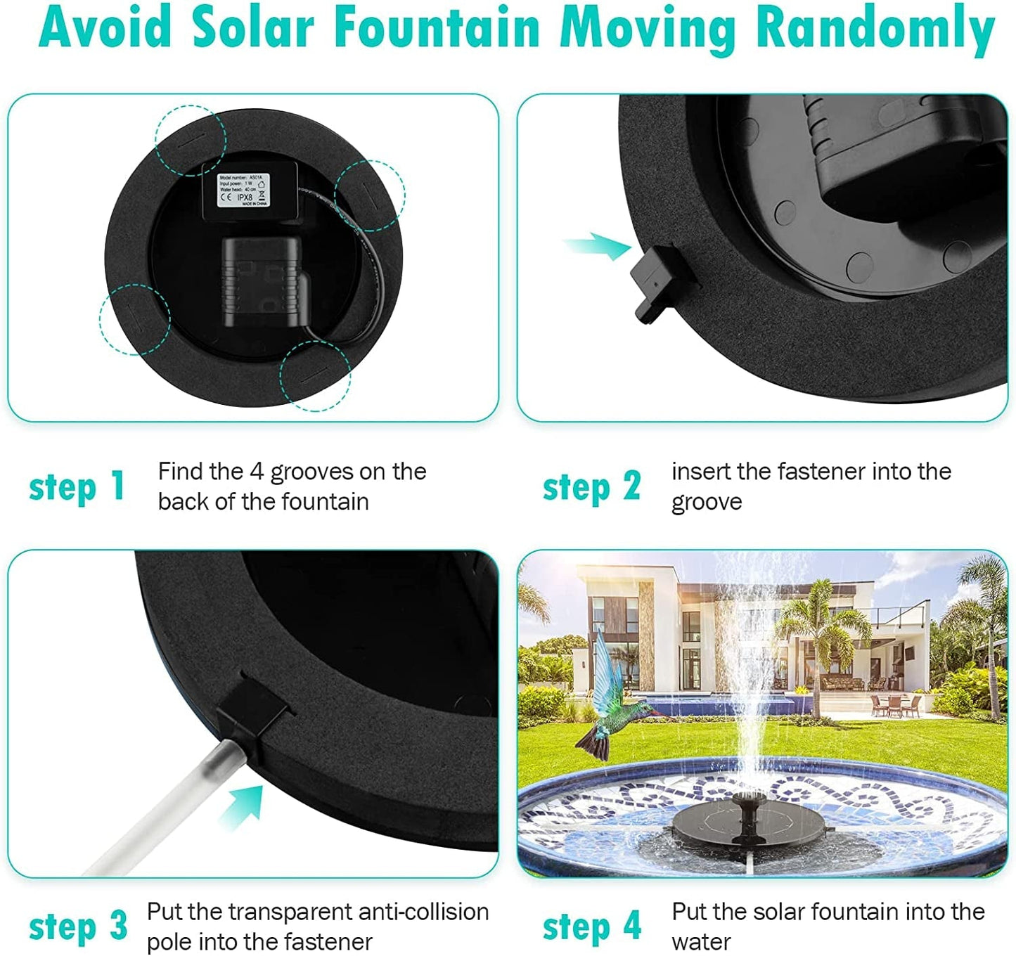 Solar Bird Bath Fountain Pump, Upgrade Solar Fountain with 6 Nozzle, Free Standing Floating Solar Powered Water Fountain Pump for Bird Bath, Garden, Pond, Pool, Outdoor