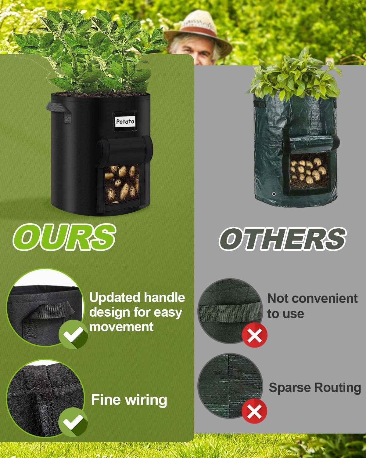 5 Pack 10 Gallon Plant Grow Bags, Thickened Non-Woven Fabric Aeration Plant Growing Pots with Handles & Harvest Window, Breathable Felt Garden Grow Bags for Potato Tomato Vegetable Flower
