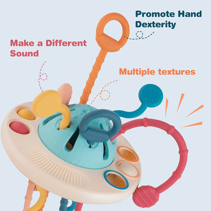 Baby Sensory Montessori Silicone Toy for 6-12 Months, Travel Pull String Toy for 12-18 Months