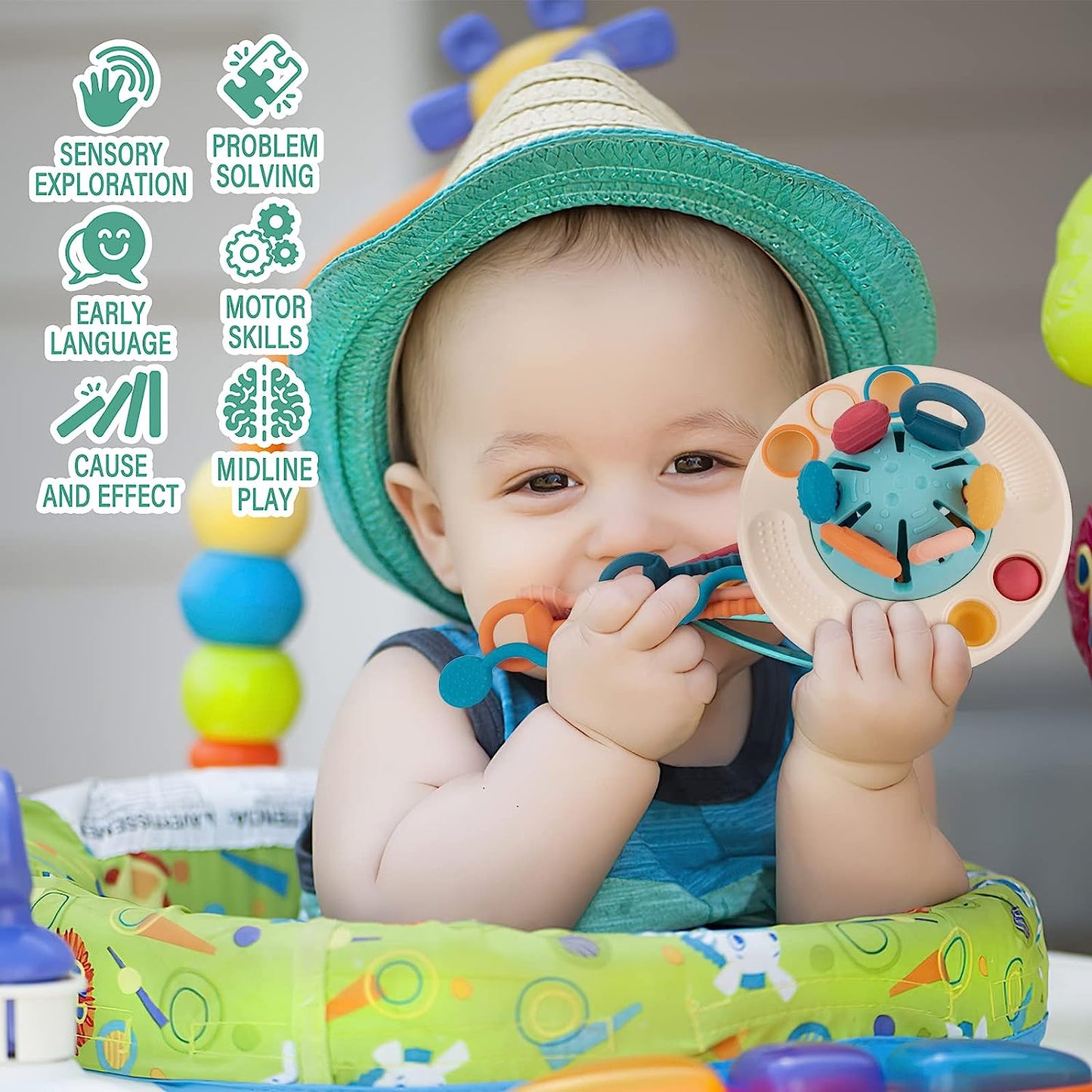 Baby Sensory Montessori Silicone Toy for 6-12 Months, Travel Pull String Toy for 12-18 Months